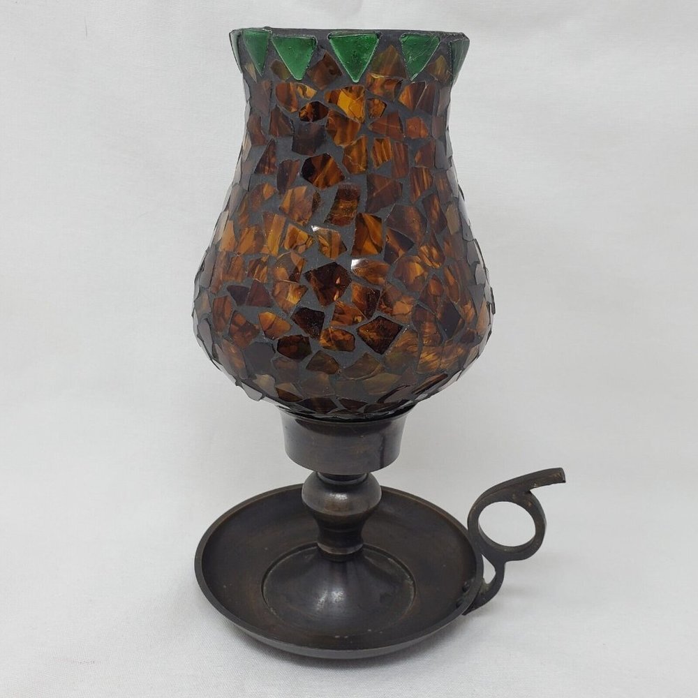 mosiac candle holder with metal carrying base for tapered candle